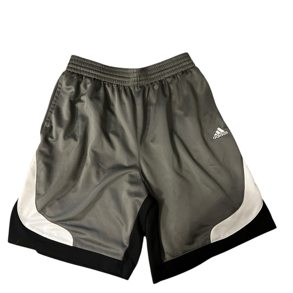 Men’s Adidas Shorts, grey/black/white, elastic and drawstring. Size Large.